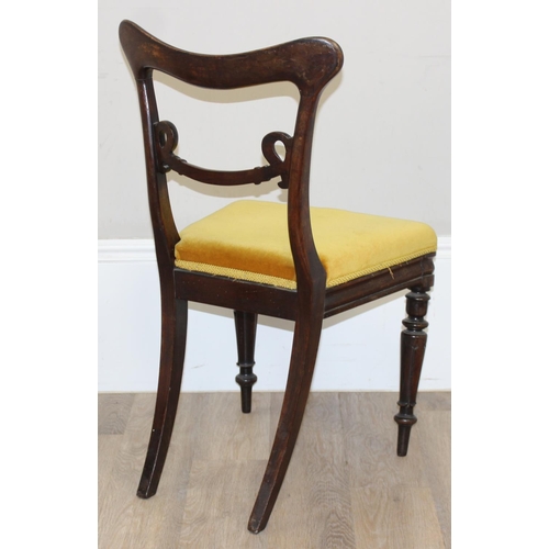 182 - A pair of William IV period mahogany chairs with gold coloured fabric upholstered seats, each approx... 