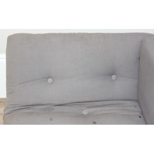 54 - A modern light oak futon sofa or sofa bed with drop arms and grey upholstered cushions by the Futon ... 