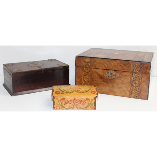 288 - 3 various wooden boxes to include a Tunbridgeware style writing box and a rosewood keepsake box, lar... 