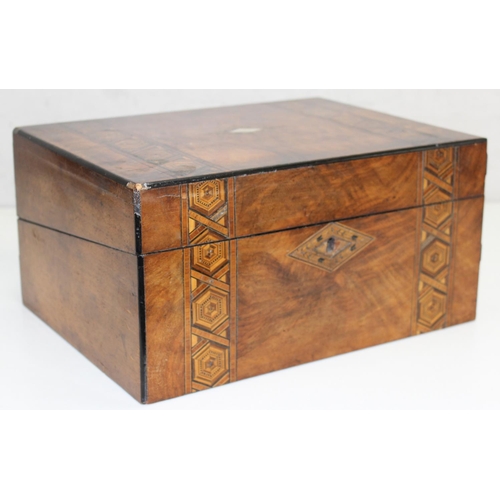 288 - 3 various wooden boxes to include a Tunbridgeware style writing box and a rosewood keepsake box, lar... 