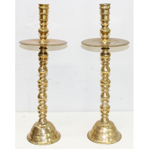 291 - Large pair of vintage heavy brass church altar candlesticks, possibly Dutch, each approx 90cm