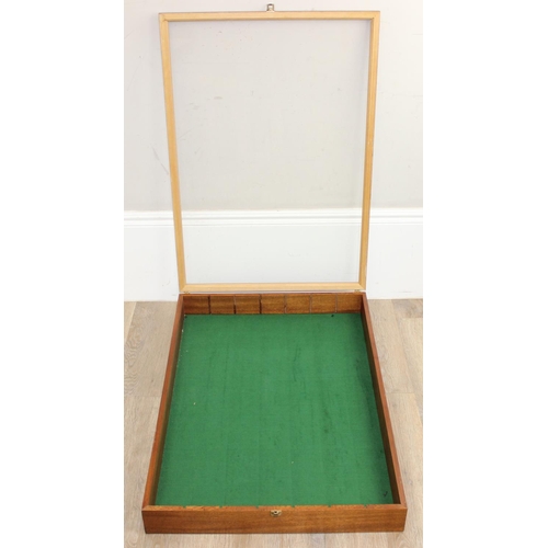 294 - Large vintage glazed mahogany table top display case, ideal for antique fairs, approx 92cm x 64cm x ... 