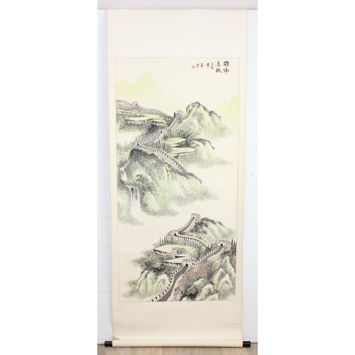 414 - Large Chinese watercolour wall-hanging scroll of the Great Wall of China, approx 190cm