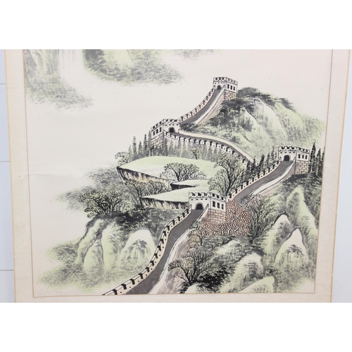 414 - Large Chinese watercolour wall-hanging scroll of the Great Wall of China, approx 190cm