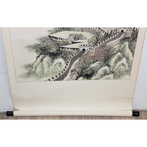 414 - Large Chinese watercolour wall-hanging scroll of the Great Wall of China, approx 190cm