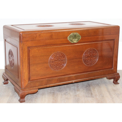 198X - A good quality Chinese carved Camphor wood chest with sliding tray to interior, carved roundels to e... 