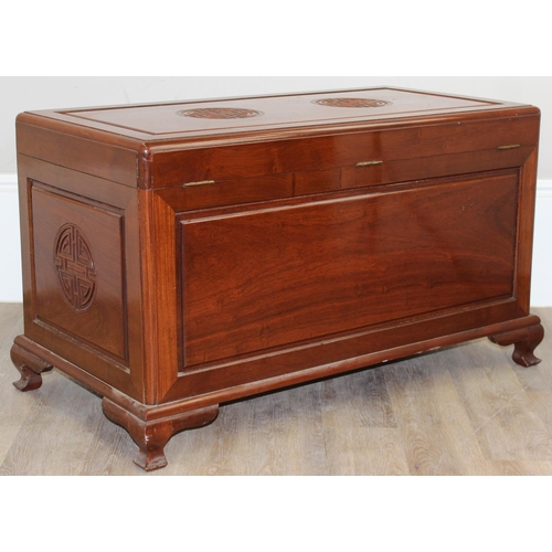 198X - A good quality Chinese carved Camphor wood chest with sliding tray to interior, carved roundels to e... 