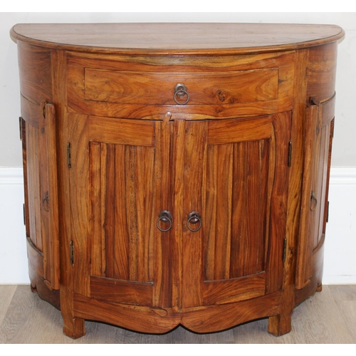 198W - An unusual wooden demi-lune side cabinet with frieze drawer and 3 cupboards to base, iron fittings, ... 