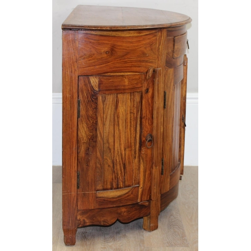 198W - An unusual wooden demi-lune side cabinet with frieze drawer and 3 cupboards to base, iron fittings, ... 