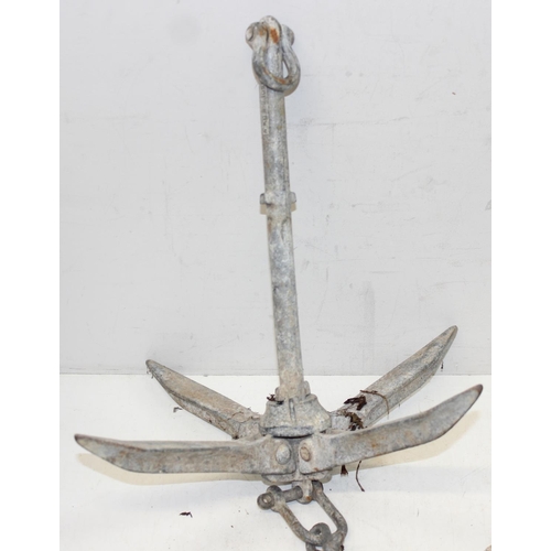 727 - Vintage galvanised boat anchor and chain, chain on anchor approx 330cm long, loose chain approx 970c... 