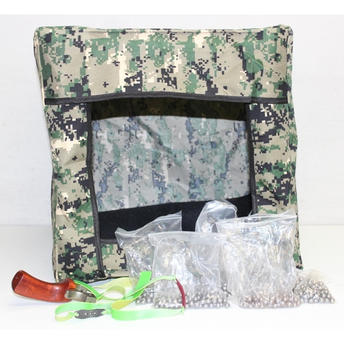 728 - Catapult, camouflage pop up tent box and ball bearings etc