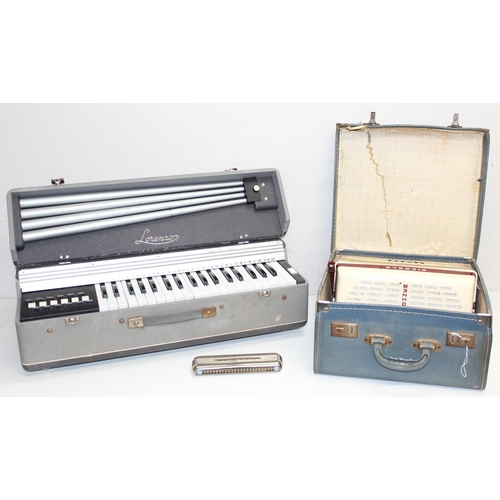 731 - Vintage Lorenzo organ/keyboard in carry case, a Hohner harmonica and a Hohner Piccola 12 Bass Accord... 