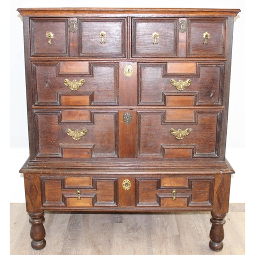 107 - A William & Mary style 2 over 3 chest of drawers on stand, believed to be constructed from a number ... 