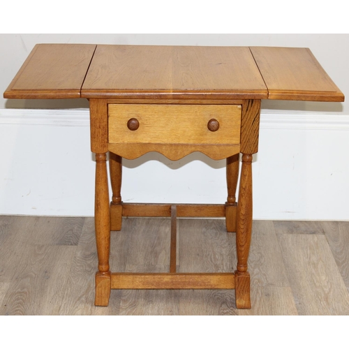 80 - A small vintage light oak drop-leaf side table with drawer, approx 49cm x 59cm x 59cm (67cm x 59cm x... 