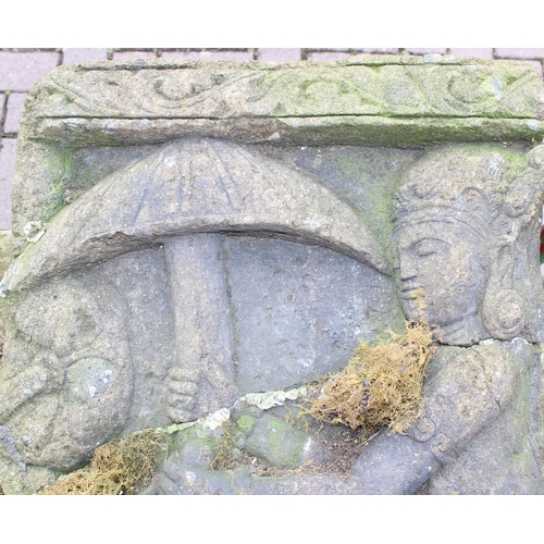 301 - A large vintage stone carving depicting a Buddhist deity in chariot, likely South East Asian, unknow... 