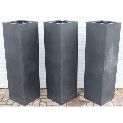 328 - 3 large dark grey coloured fiberglass garden pots of rectangular form, approx 35cm W x 35cm D x 120c... 