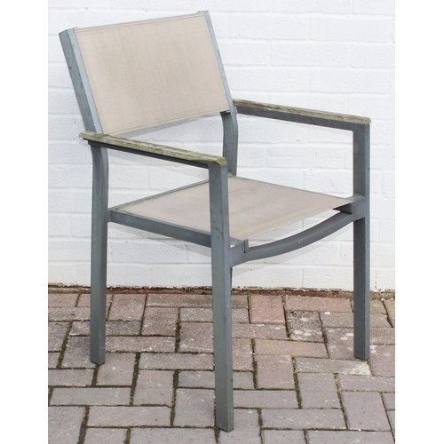 342 - A set of 6 metal and fabric garden patio chairs with wooden arms, approx 56cm W x 60cm D x 87cm H