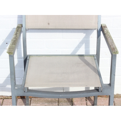 342 - A set of 6 metal and fabric garden patio chairs with wooden arms, approx 56cm W x 60cm D x 87cm H