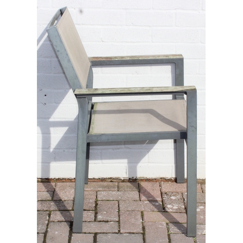 342 - A set of 6 metal and fabric garden patio chairs with wooden arms, approx 56cm W x 60cm D x 87cm H