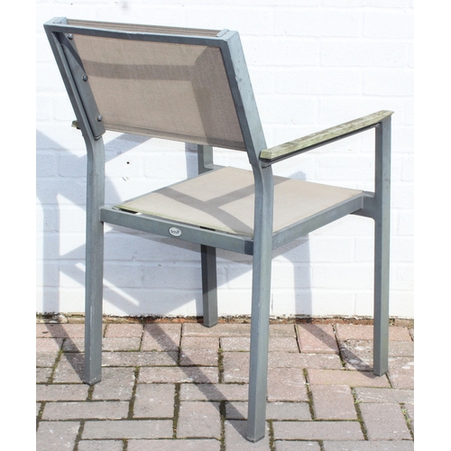 342 - A set of 6 metal and fabric garden patio chairs with wooden arms, approx 56cm W x 60cm D x 87cm H