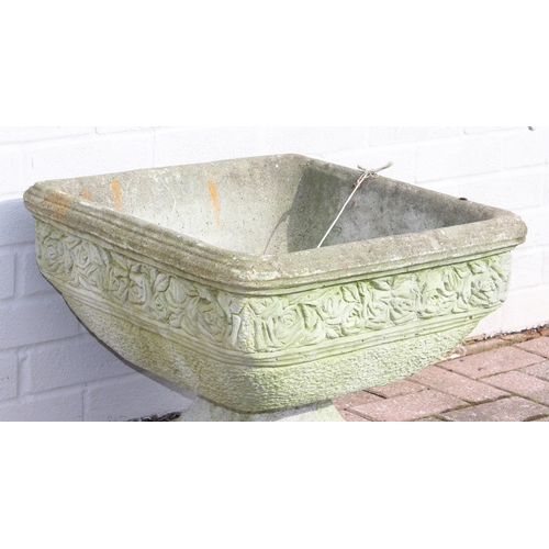 347 - Square shaped garden concrete planter on footed base, with rose decoration, approx 50cm x 50cm x 40c... 