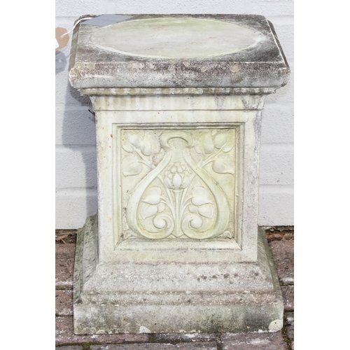 349B - 3 garden concrete plinths of varying shapes and a weathered garden urn, largest approx 32cm W x 43cm... 