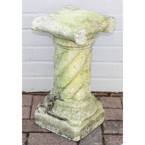 349B - 3 garden concrete plinths of varying shapes and a weathered garden urn, largest approx 32cm W x 43cm... 