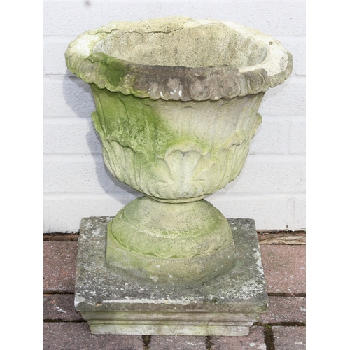 349B - 3 garden concrete plinths of varying shapes and a weathered garden urn, largest approx 32cm W x 43cm... 