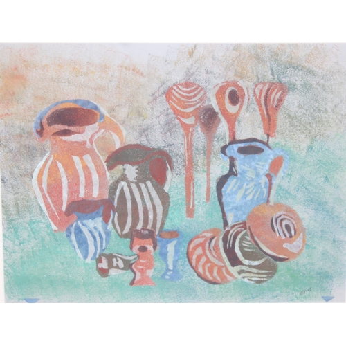 395D - A retro colourful watercolour and pastel painting depicting studio pottery items and kitchen utensil... 