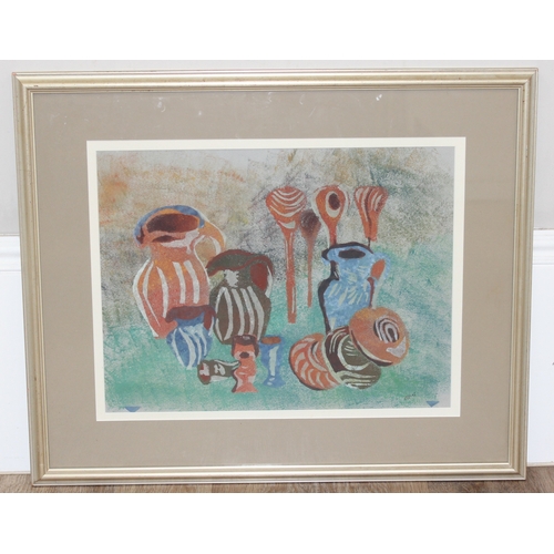 395D - A retro colourful watercolour and pastel painting depicting studio pottery items and kitchen utensil... 