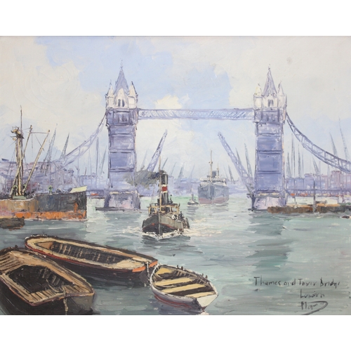 395E - A retro mid-century oil on canvas depicting The River Thames & Tower Bridge London with various boat... 