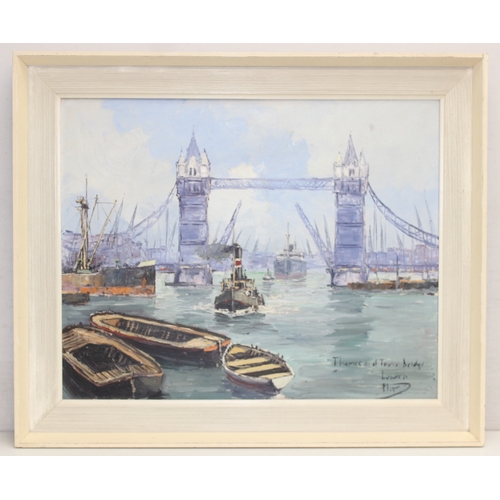 395E - A retro mid-century oil on canvas depicting The River Thames & Tower Bridge London with various boat... 