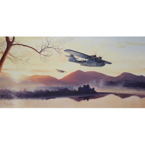 451A - Stephen Brown - Headline for the Convoys, original oil on canvas of 2 Catalina flying boats over Kil... 