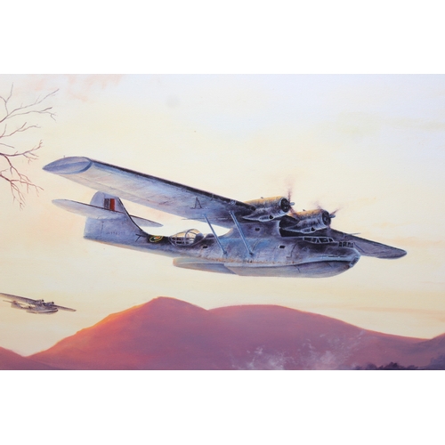 451A - Stephen Brown - Headline for the Convoys, original oil on canvas of 2 Catalina flying boats over Kil... 