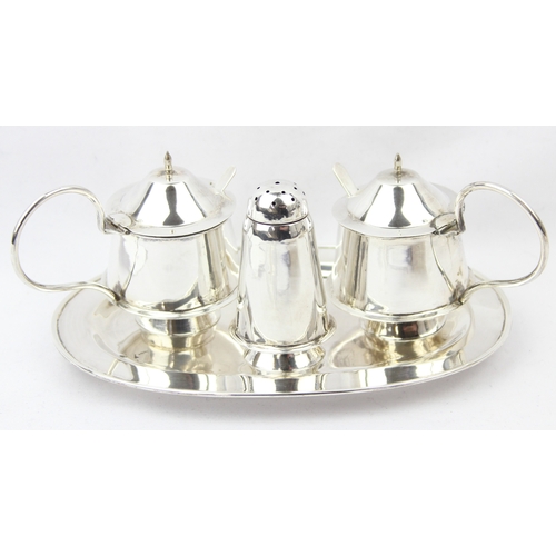 1011 - [267.53g] - a Thai 925 silver 3 piece cruet set with tray and 2 spoons, each piece marked and XRF co... 