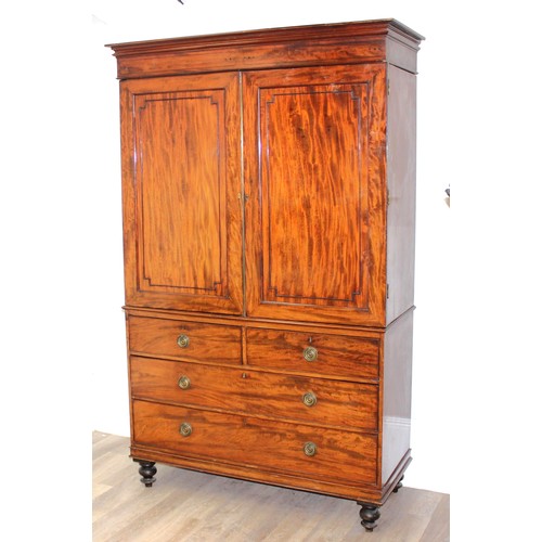 192 - A 19th century mahogany linen press converted wardrobe with 2 over 2 chest of drawers base and turne... 