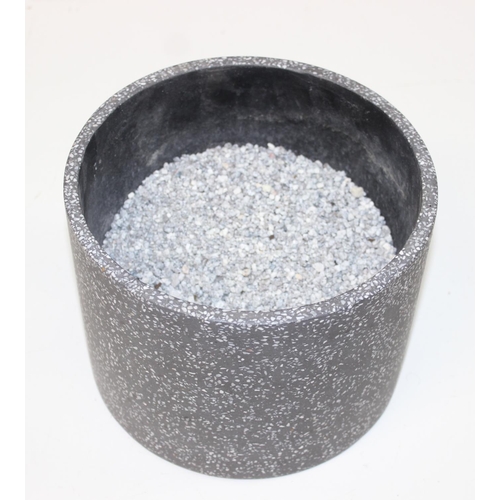 349J - An indoor small stone-effect plant pot on wooden stand and 2 small silver coloured pots, the stand 5... 