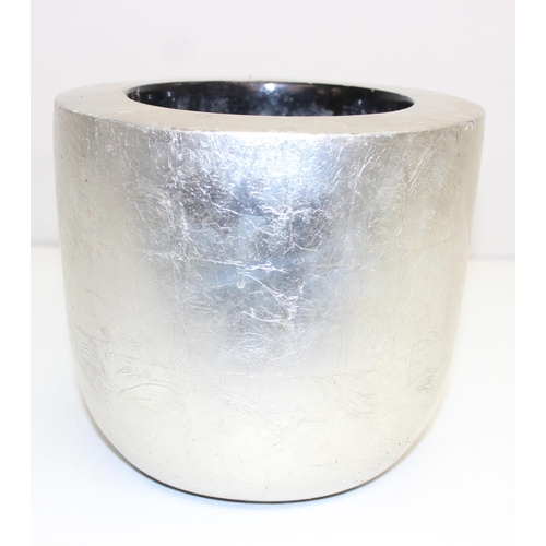 349J - An indoor small stone-effect plant pot on wooden stand and 2 small silver coloured pots, the stand 5... 