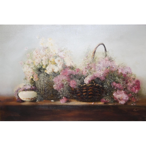 413 - Judith Levin (British b. 1956): Large still life oil painting on canvas of pink and white flowers in... 