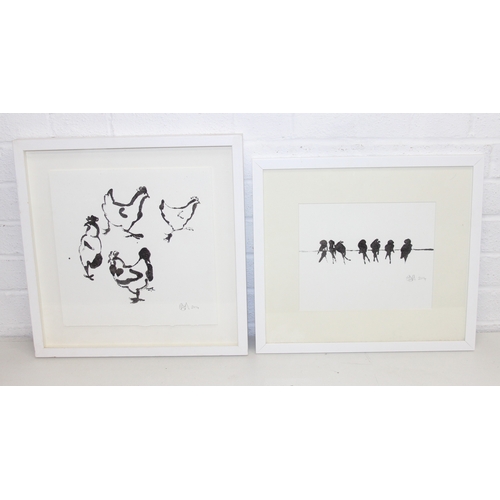 354 - Camilla Dowse (British, Contemporary), two monochrome slightly abstract prints one depicting chicken... 