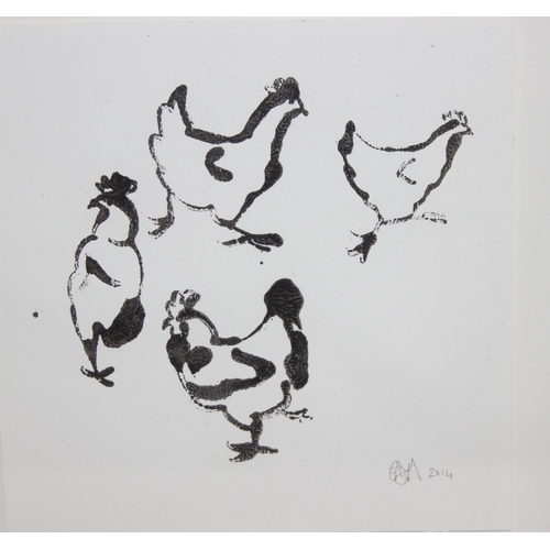 354 - Camilla Dowse (British, Contemporary), two monochrome slightly abstract prints one depicting chicken... 