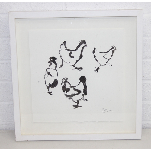 354 - Camilla Dowse (British, Contemporary), two monochrome slightly abstract prints one depicting chicken... 