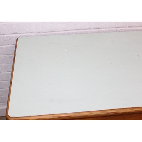 57 - A vintage pine dining table of small proportions, single drawer with duck egg blue painted top, 90cm... 