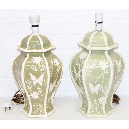 230 - A pair of Chinese style pottery table lamps, the body formed as a Celadon hexagonal green base decor... 