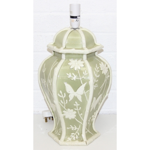 230 - A pair of Chinese style pottery table lamps, the body formed as a Celadon hexagonal green base decor... 