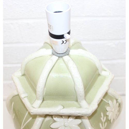 230 - A pair of Chinese style pottery table lamps, the body formed as a Celadon hexagonal green base decor... 