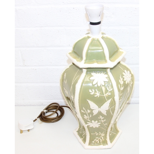 230 - A pair of Chinese style pottery table lamps, the body formed as a Celadon hexagonal green base decor... 