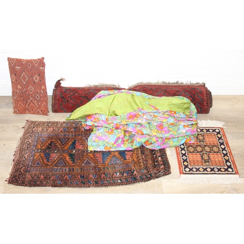 203 - Mix of textile items to incl a vintage red ground Turkoman rug, hand knotted (212cm x 114cm), 2 othe... 