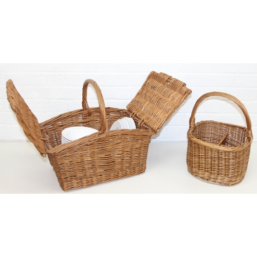 273 - Two vintage wicker picnic baskets to incl hamper basket with handle to incl melamine contents, and w... 