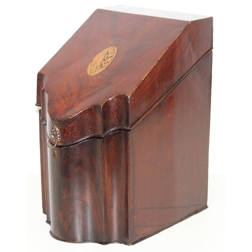 274 - An antique mahogany serpentine-fronted knife box with inlaid details, early 19th century, lacking in... 